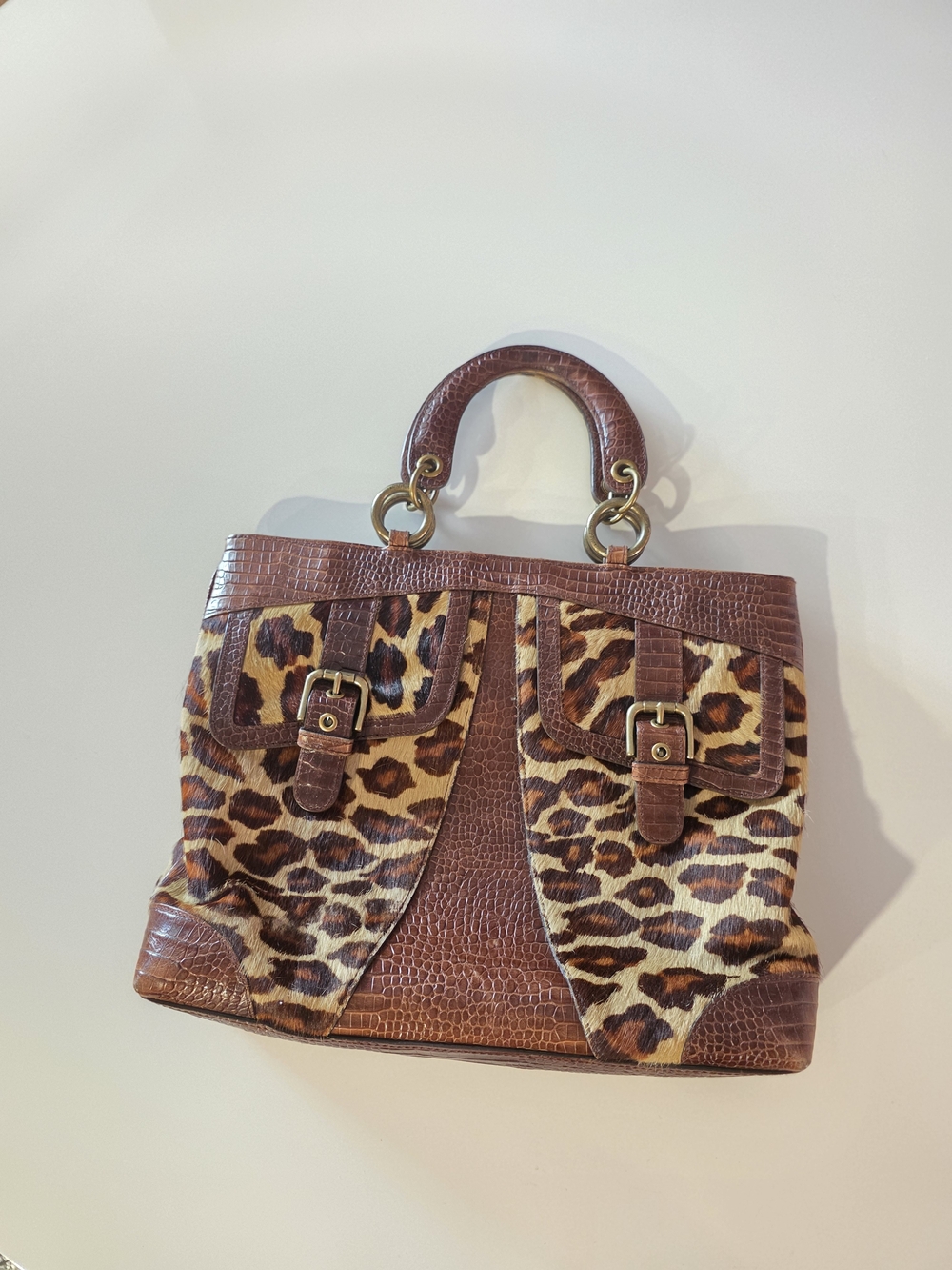 Isabella Fiore Brown Leopard Cowhide Fur Top-Handle Tote Luxury Animal Print Bag - Picture 2 of 16